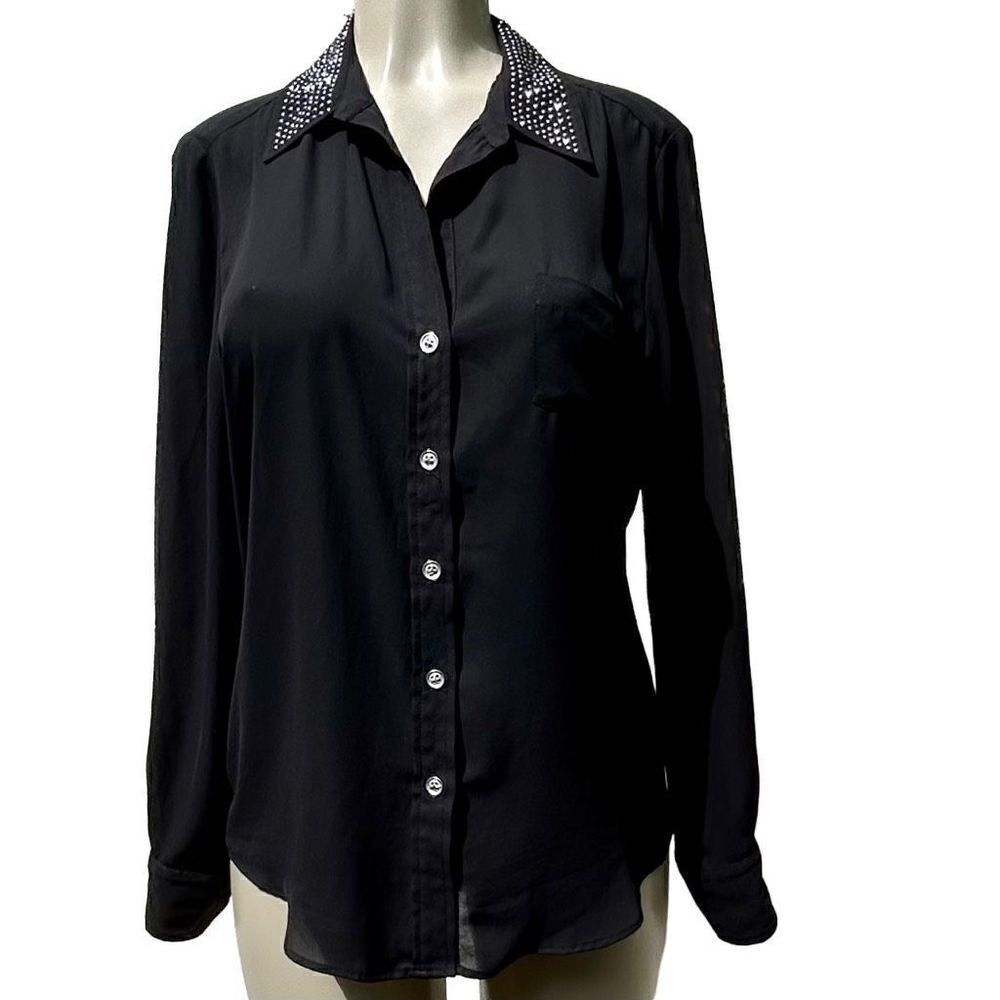 Karen Kane Buttons Up Long Sleeve Blouse Women's Medium Studded Collar Black
